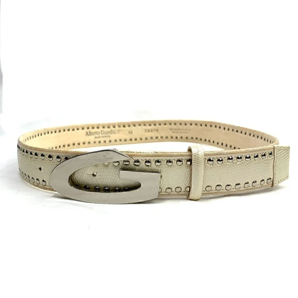Alberto Guardiani Embellished Snakeskin Embossed Leather Belt Cream, 38